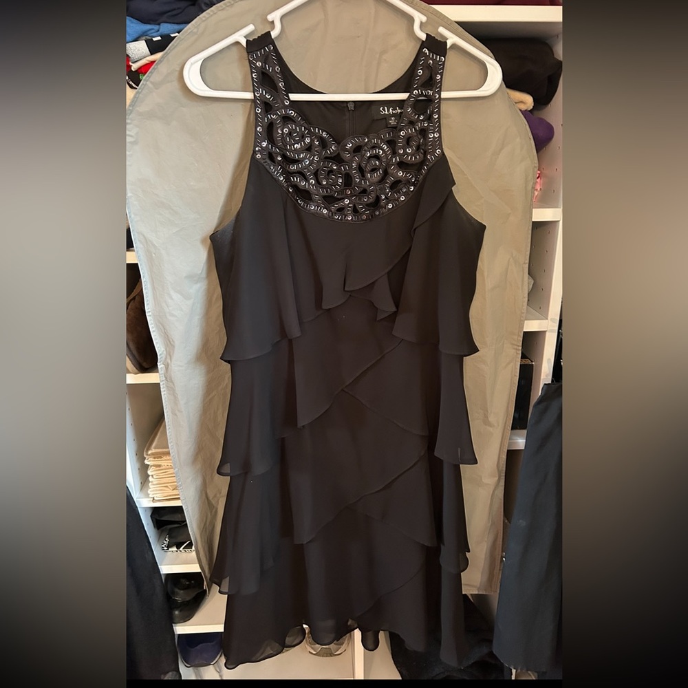 SL Fashions tiered knee length black chiffon dress